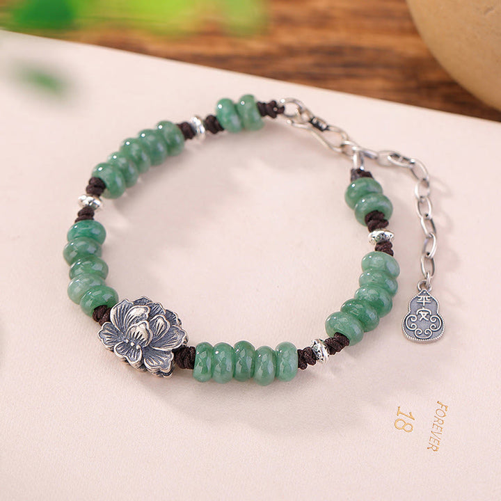 Buddha Stones925スターリングシルバー 天然翡翠 蓮華 幸運 平和 喜び ブレスレット