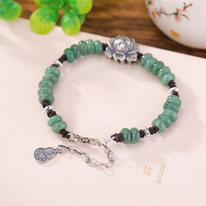 Buddha Stones925スターリングシルバー 天然翡翠 蓮華 幸運 平和 喜び ブレスレット