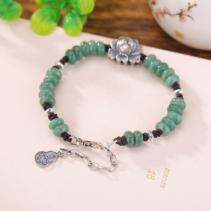 Buddha Stones925スターリングシルバー 天然翡翠 蓮華 幸運 平和 喜び ブレスレット