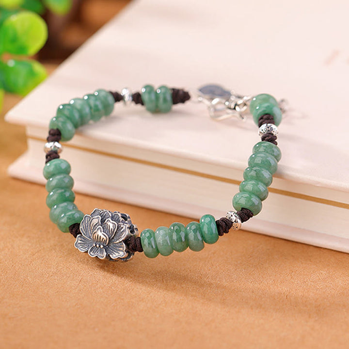 Buddha Stones925スターリングシルバー 天然翡翠 蓮華 幸運 平和 喜び ブレスレット
