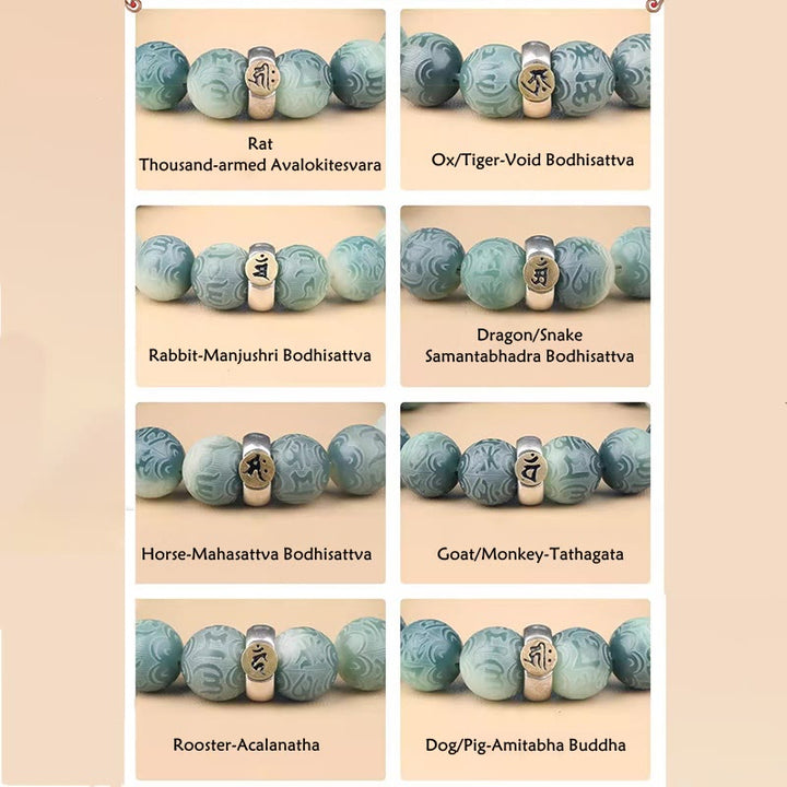 Buddha Stones十二支誕生仏菩提種子オーム・マニ・パドメ・フム刻まれた知恵ブレスレット