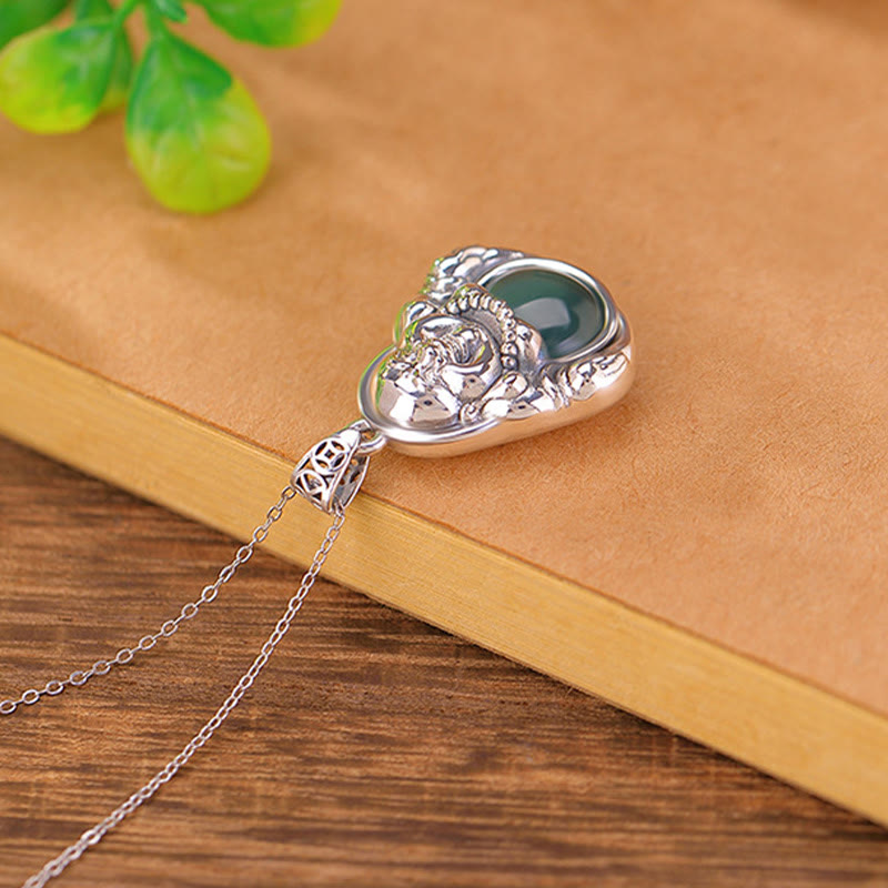 Buddha Stones999 スターリングシルバー 笑う仏陀 シアン 翡翠 蓮 成功 ネックレス チェーン ペンダント - image 3