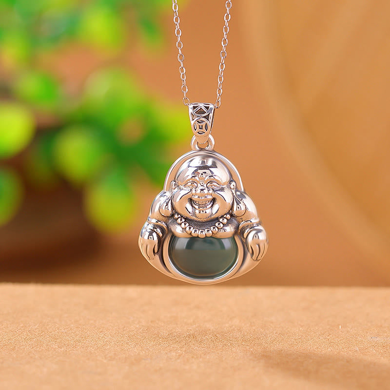 Buddha Stones999 スターリングシルバー 笑う仏陀 シアン 翡翠 蓮 成功 ネックレス チェーン ペンダント - image 2
