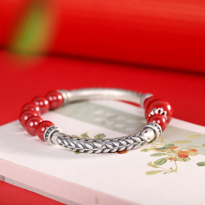Buddha Stones999スターリングシルバー 辰砂 麦の穂 祝福ブレスレット バングル
