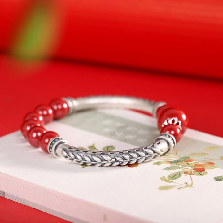 Buddha Stones999スターリングシルバー 辰砂 麦の穂 祝福ブレスレット バングル