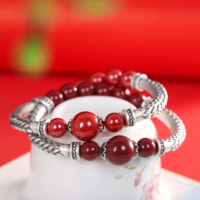 Buddha Stones999スターリングシルバー 辰砂 麦の穂 祝福ブレスレット バングル