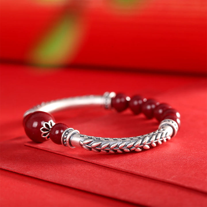 Buddha Stones999スターリングシルバー 辰砂 麦の穂 祝福ブレスレット バングル