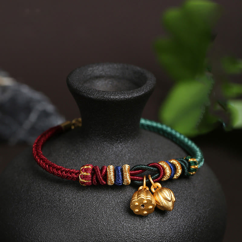 Buddha Stones999 スターリングシルバー 蓮の鞘デザイン 幸運の赤緑ストリングブレスレット