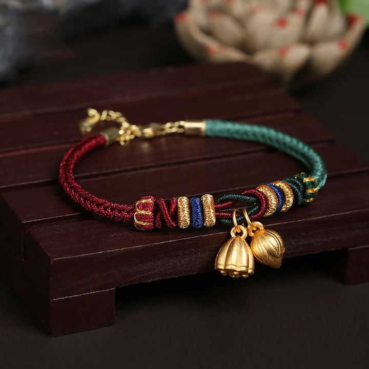 Buddha Stones999 スターリングシルバー 蓮の鞘デザイン 幸運の赤緑ストリングブレスレット