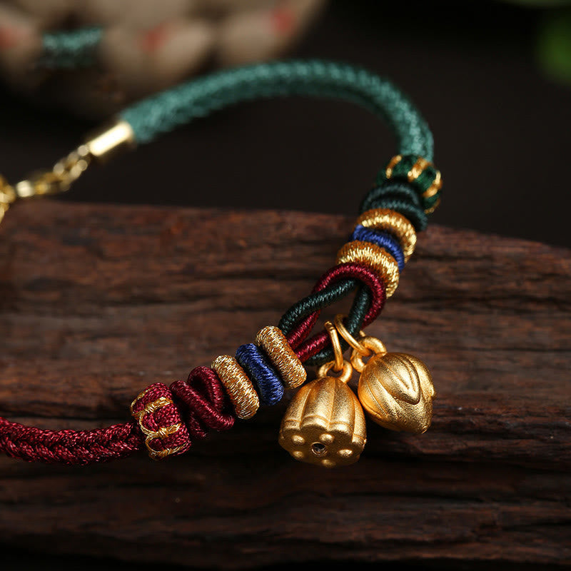 Buddha Stones999 スターリングシルバー 蓮の鞘デザイン 幸運の赤緑ストリングブレスレット