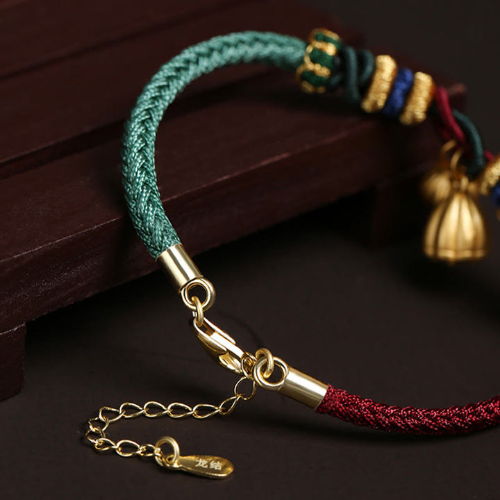 Buddha Stones999 スターリングシルバー 蓮の鞘デザイン 幸運の赤緑ストリングブレスレット