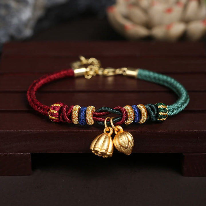 Buddha Stones999 スターリングシルバー 蓮の鞘デザイン 幸運の赤緑ストリングブレスレット