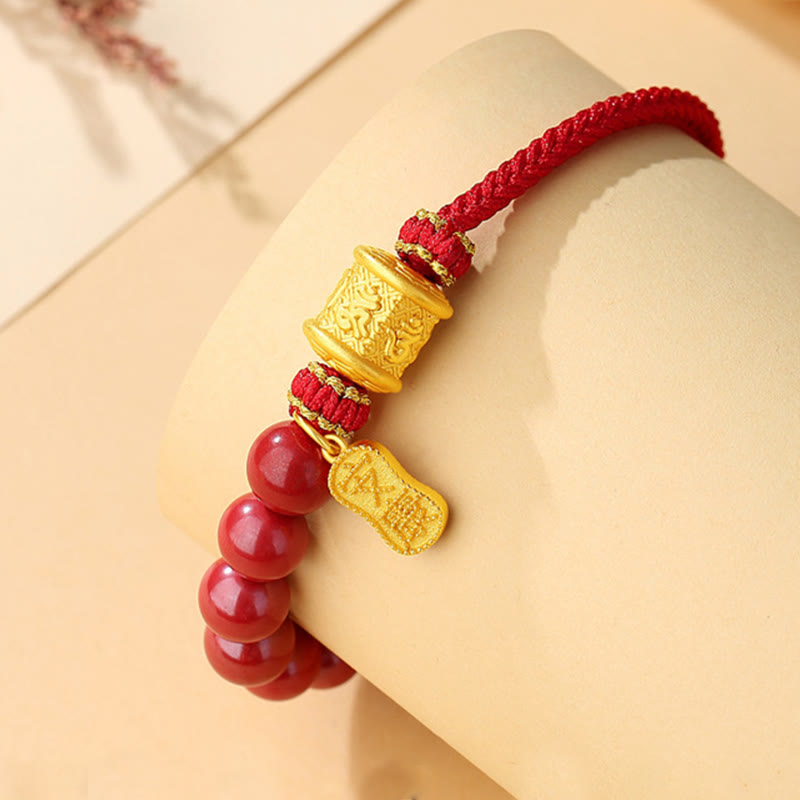 Buddha Stones999スターリングシルバー 6つの真実の言葉オーム・マニ・パドメ・フム辰砂 祝福の紐ブレスレット