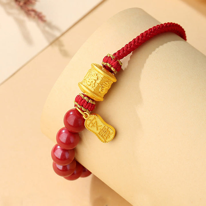 Buddha Stones999スターリングシルバー 6つの真実の言葉オーム・マニ・パドメ・フム辰砂 祝福の紐ブレスレット