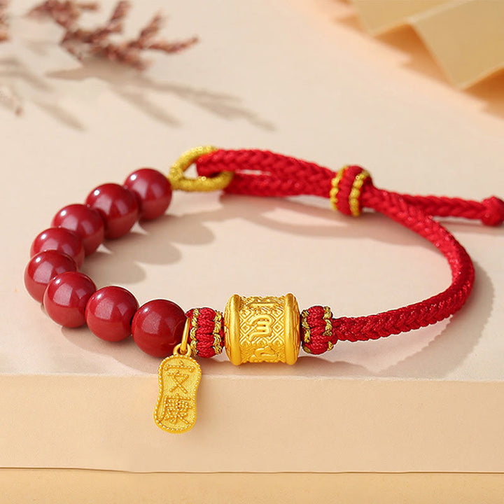 Buddha Stones999スターリングシルバー 6つの真実の言葉オーム・マニ・パドメ・フム辰砂 祝福の紐ブレスレット