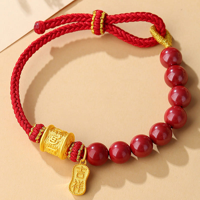 Buddha Stones999スターリングシルバー 6つの真実の言葉オーム・マニ・パドメ・フム辰砂 祝福の紐ブレスレット