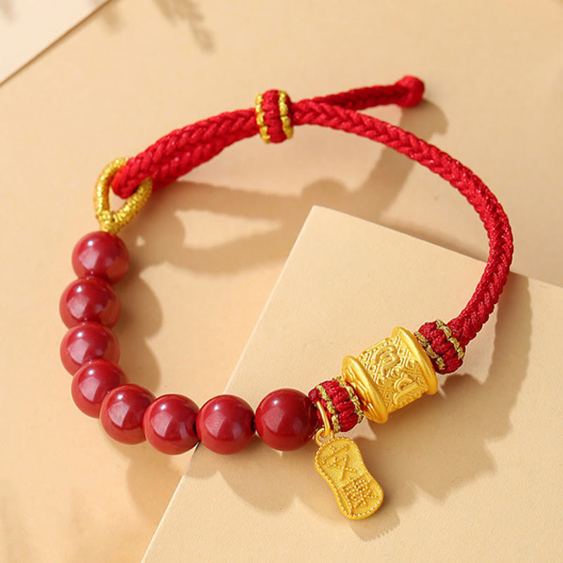 Buddha Stones999スターリングシルバー 6つの真実の言葉オーム・マニ・パドメ・フム辰砂 祝福の紐ブレスレット