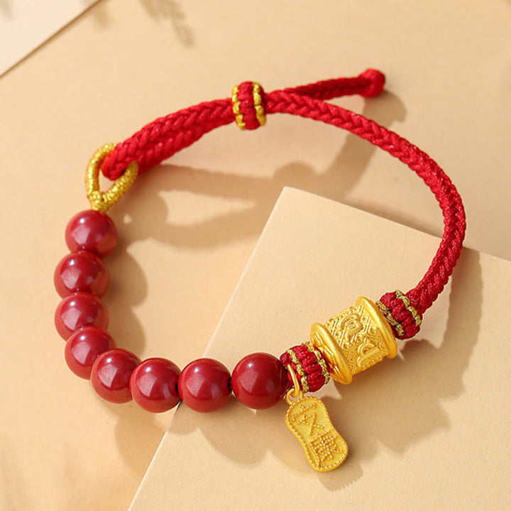 Buddha Stones999スターリングシルバー 6つの真実の言葉オーム・マニ・パドメ・フム辰砂 祝福の紐ブレスレット