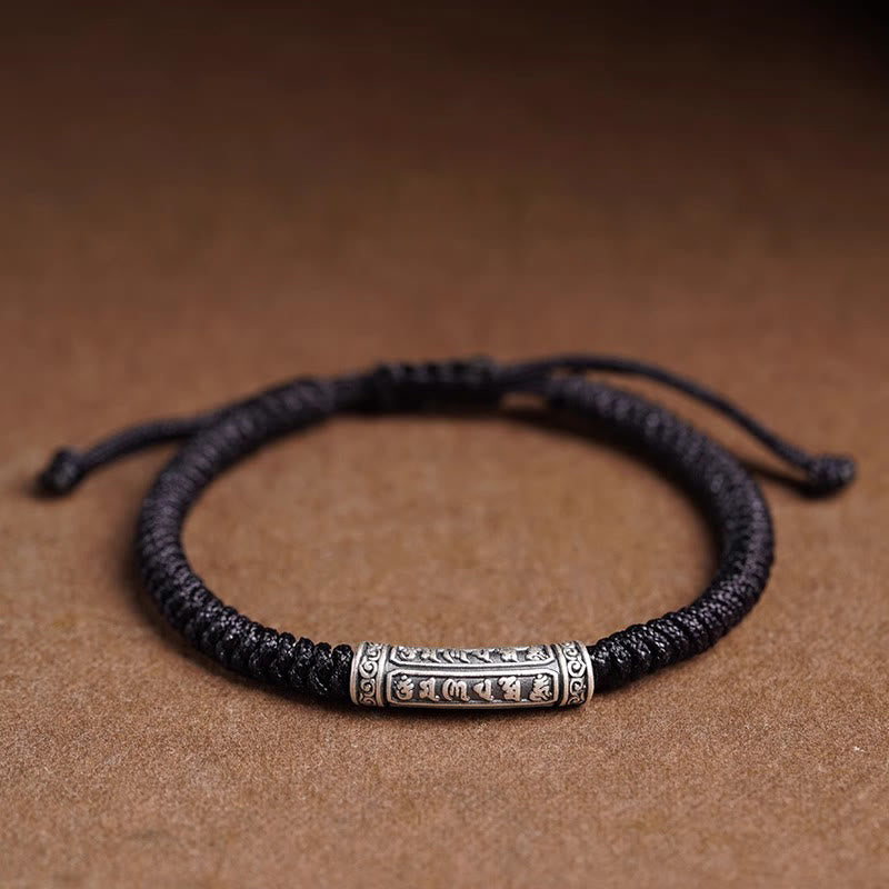 Buddha Stonesハンドメイド999スターリングシルバー平和と幸運繁栄オーム・マニ・パドメ・フム幸運ロープブレスレット
