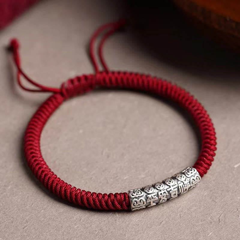Buddha Stonesハンドメイド999スターリングシルバー平和と幸運繁栄オーム・マニ・パドメ・フム幸運ロープブレスレット