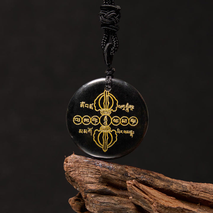 Buddha Stonesヴァジュラドルジェ サンスクリットパターン 天然各種クリスタル ブラックオブシディアン 成就ネックレスペンダント