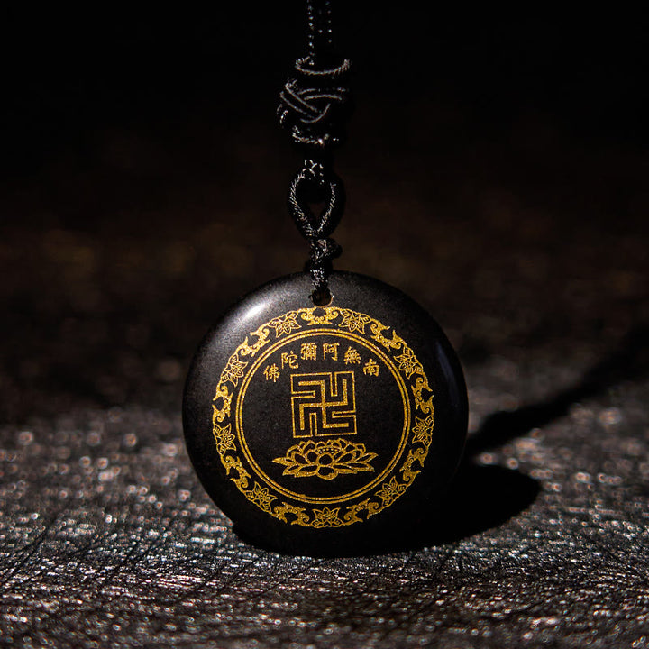 Buddha Stones卍 蓮華模様 天然水晶 黒曜石 浄化 ネックレス ペンダント