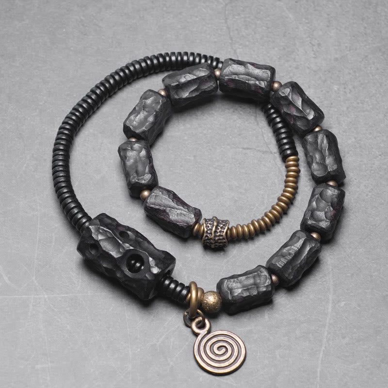 Buddha Stones黒檀 木 銅 真鍮 赤瑪瑙 平和 ダブルラップブレスレット