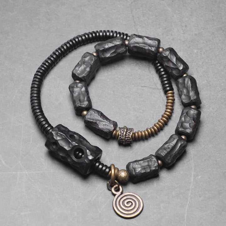 Buddha Stones黒檀 木 銅 真鍮 赤瑪瑙 平和 ダブルラップブレスレット