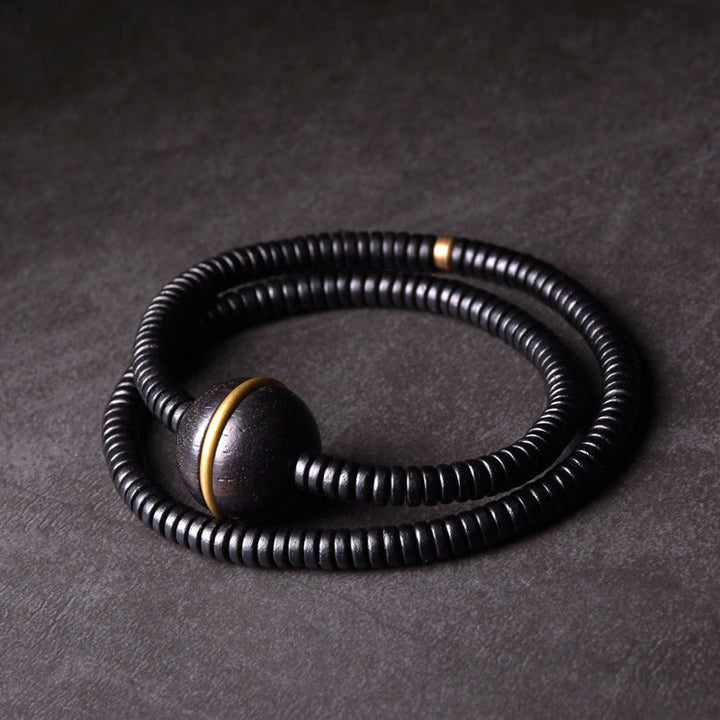 Buddha Stones黒檀 木 銅 真鍮 バランスボール 立方体 ダブルラップブレスレット ネックレス