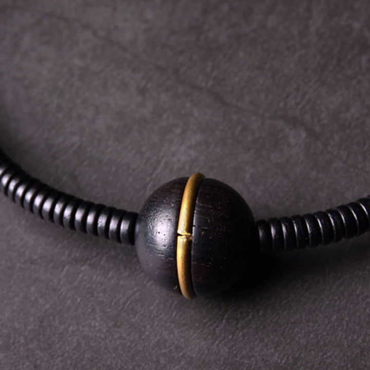 Buddha Stones黒檀 木 銅 真鍮 バランスボール 立方体 ダブルラップブレスレット ネックレス