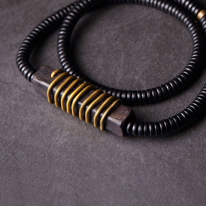 Buddha Stones黒檀 木 銅 真鍮 バランスボール 立方体 ダブルラップブレスレット ネックレス