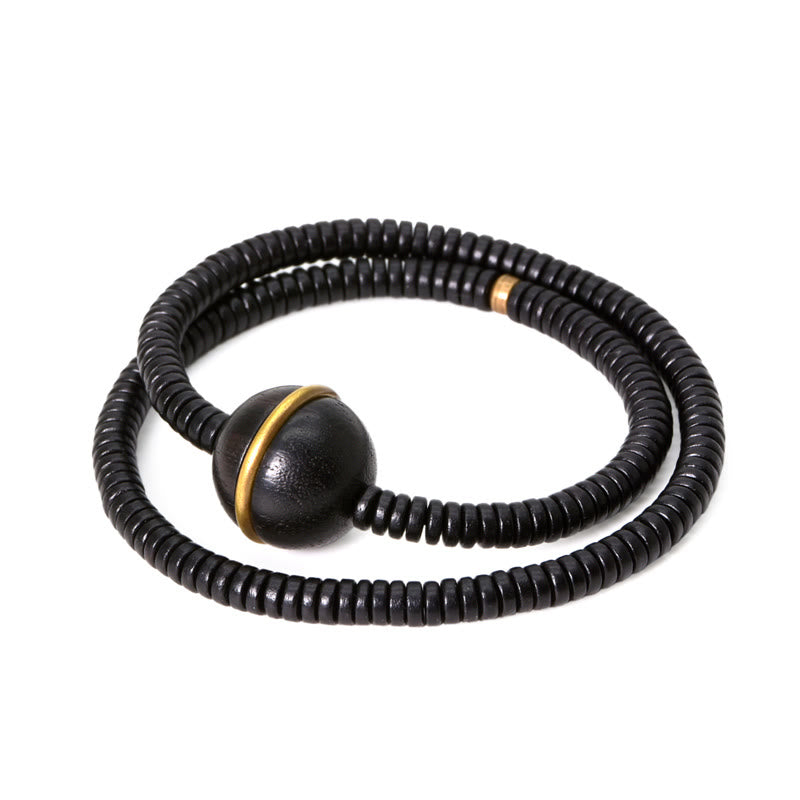 Buddha Stones黒檀 木 銅 真鍮 バランスボール 立方体 ダブルラップブレスレット ネックレス