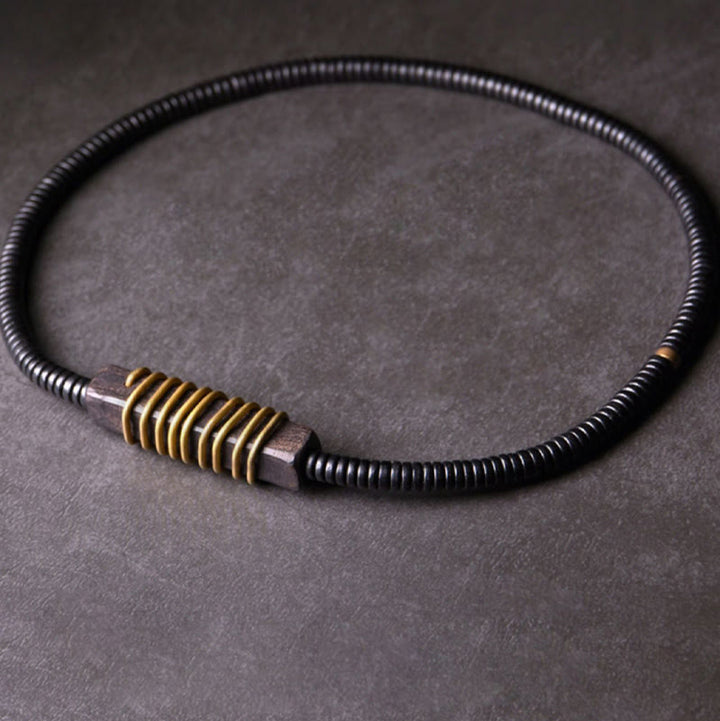 Buddha Stones黒檀 木 銅 真鍮 バランスボール 立方体 ダブルラップブレスレット ネックレス