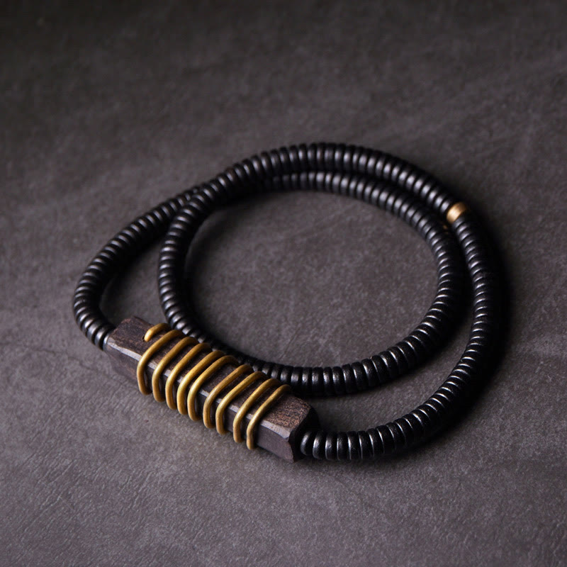 Buddha Stones黒檀 木 銅 真鍮 バランスボール 立方体 ダブルラップブレスレット ネックレス