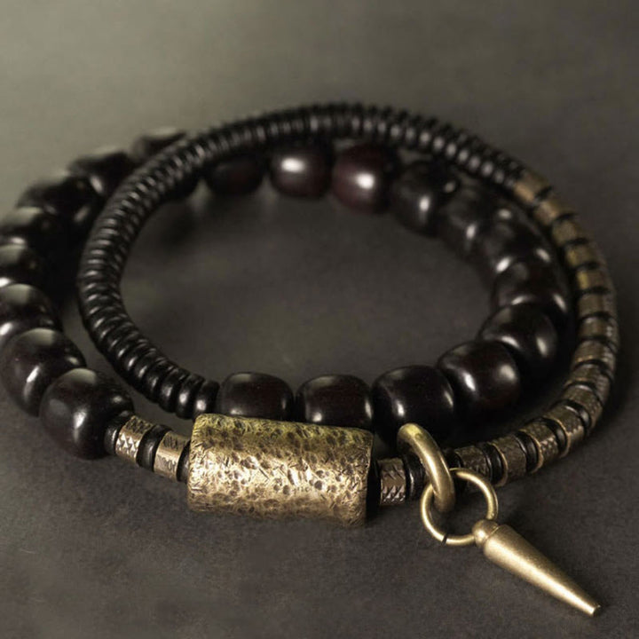 Buddha Stones黒檀 木 銅 真鍮 ヴィンテージ ビーズ コーン ダブルラップ バランスブレスレット