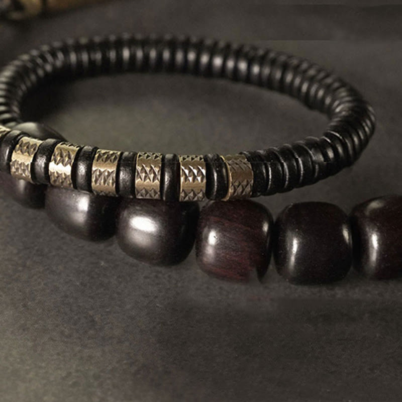 Buddha Stones黒檀 木 銅 真鍮 ヴィンテージ ビーズ コーン ダブルラップ バランスブレスレット
