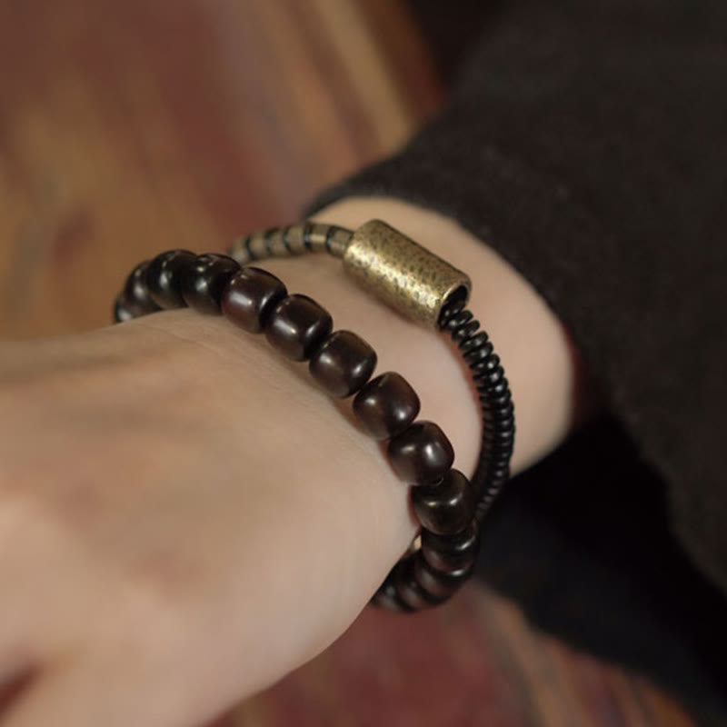 Buddha Stones黒檀 木 銅 真鍮 ヴィンテージ ビーズ コーン ダブルラップ バランスブレスレット