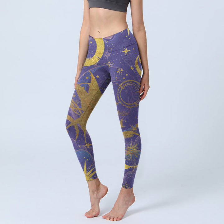 Buddha Stones、月、太陽、星柄のジムレギンス、レディースヨガパンツ - ダークバイオレット - US18、 UK/AU22、 EU50 (4XL) - image 1