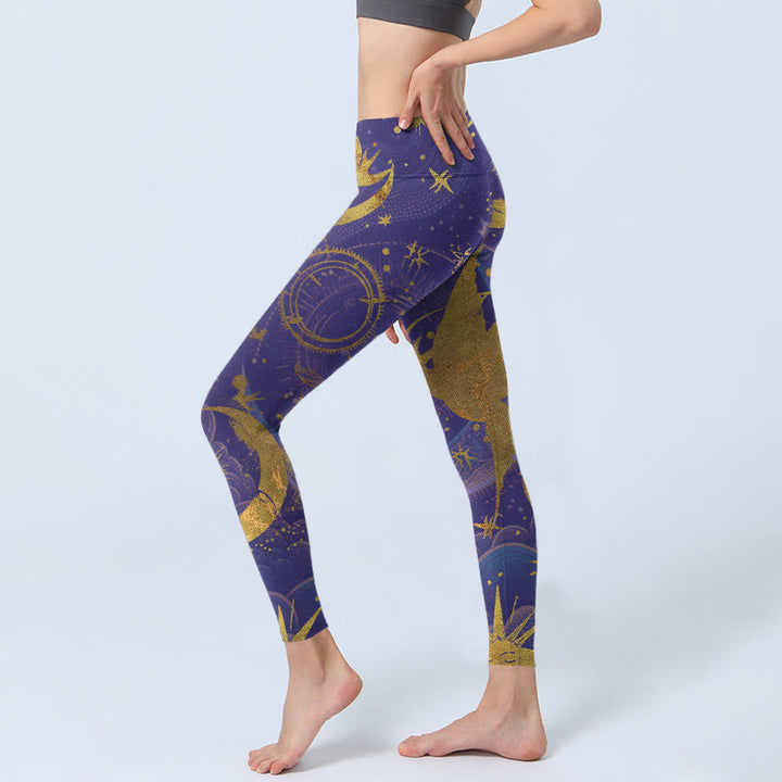 Buddha Stones、月、太陽、星柄のジムレギンス、レディースヨガパンツ - image 3