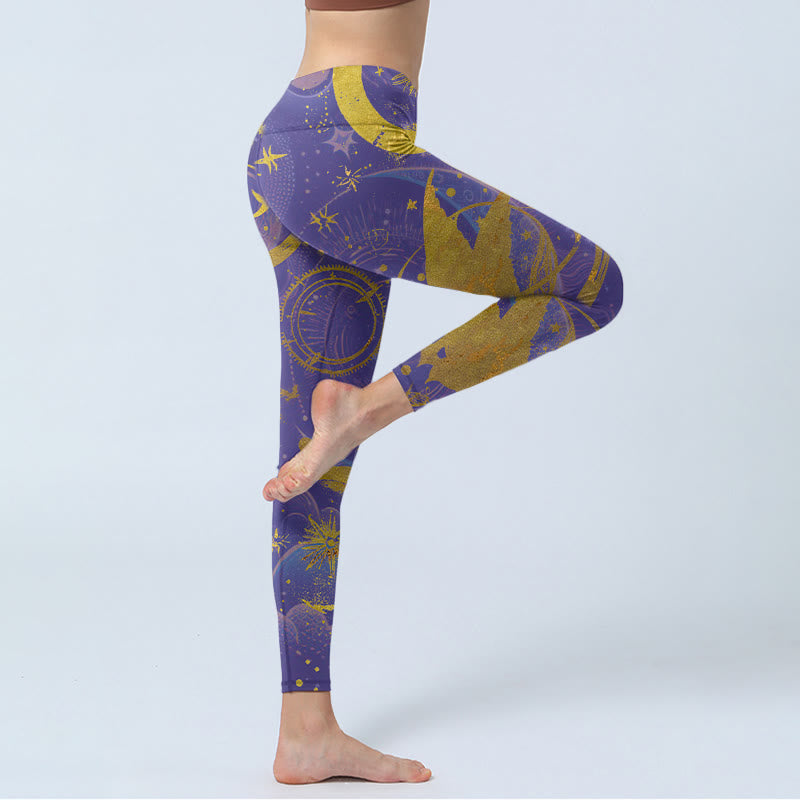 Buddha Stones、月、太陽、星柄のジムレギンス、レディースヨガパンツ - image 4