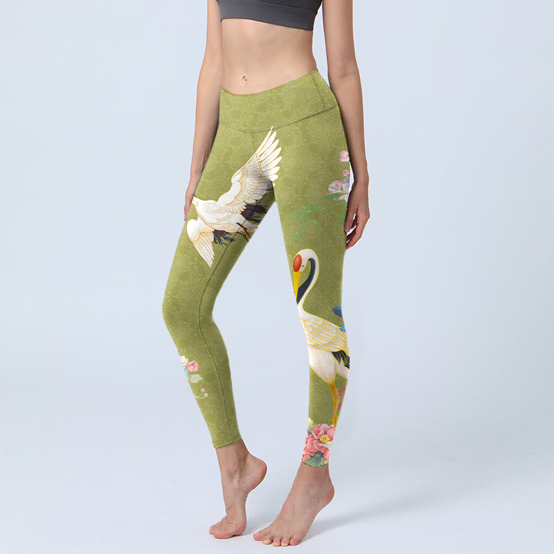 Buddha Stones、ハイビスカス、鳥、竹プリントのジムレギンス、レディースヨガパンツ - 黄緑 - US18、 UK/AU22、 EU50 (4XL) - image 1