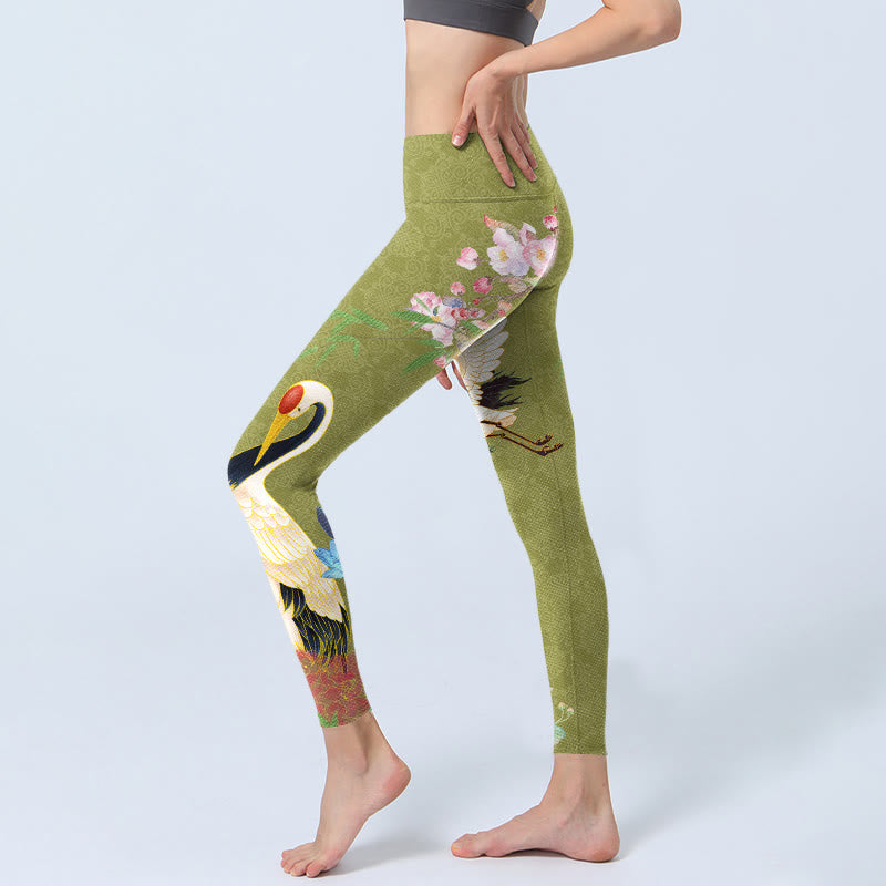 Buddha Stones、ハイビスカス、鳥、竹プリントのジムレギンス、レディースヨガパンツ - image 3
