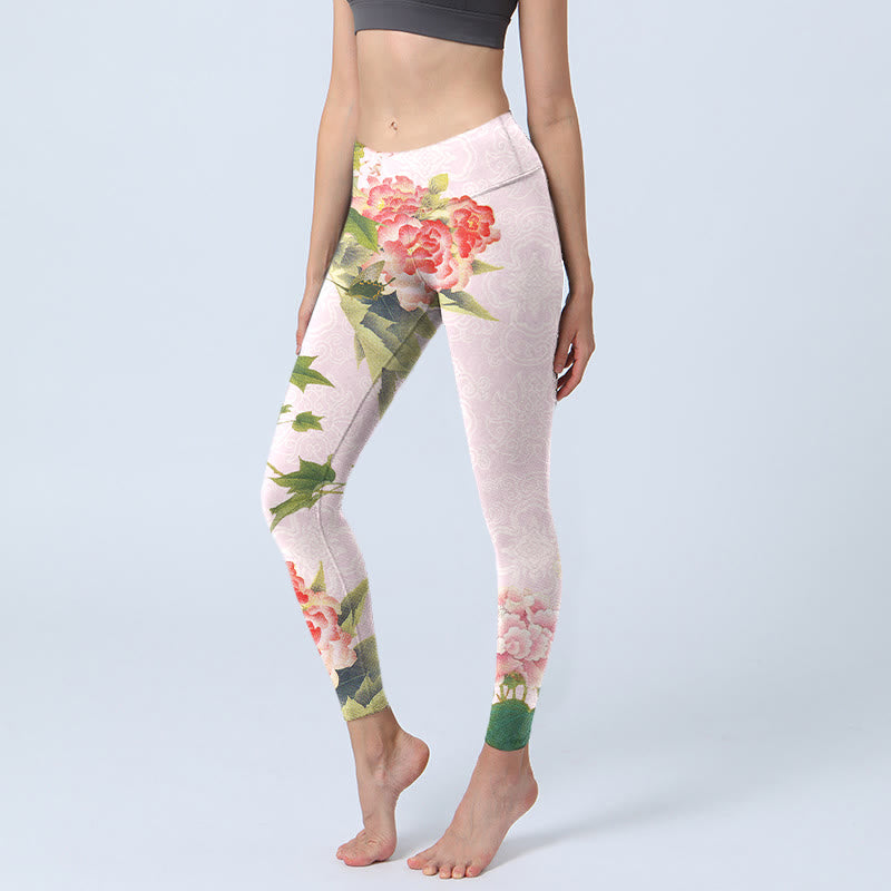 Buddha Stones、ハイビスカスの花と葉のプリントジムレギンス、レディースヨガパンツ - ピンク - US18、 UK/AU22、 EU50 (4XL) - image 1