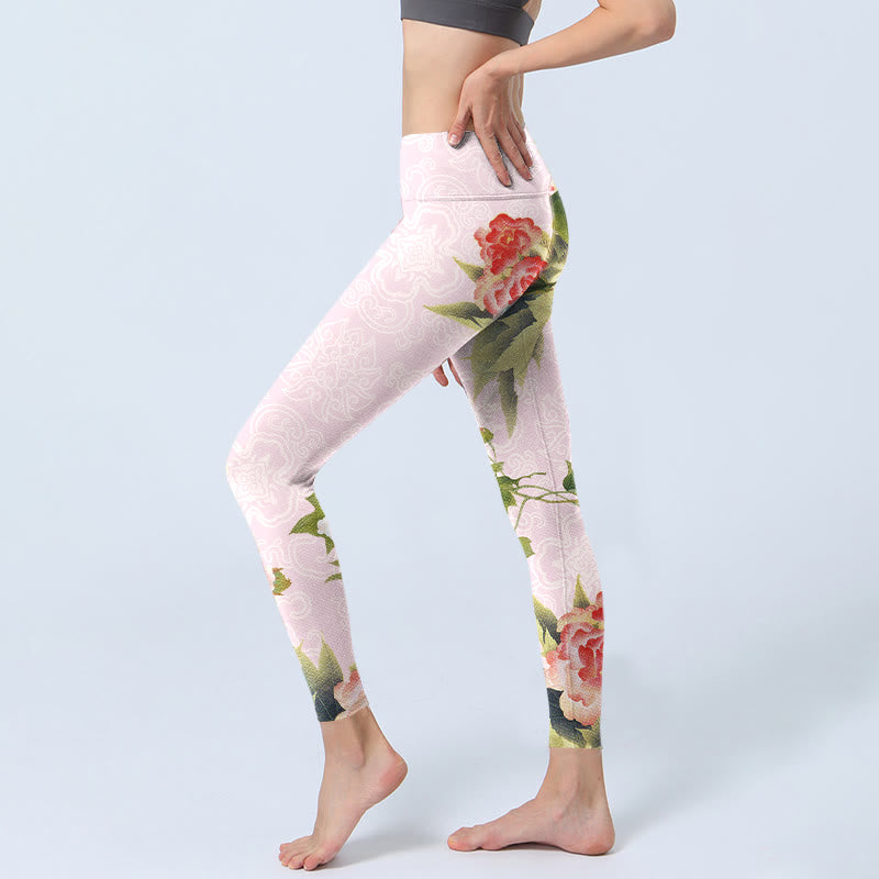 Buddha Stones、ハイビスカスの花と葉のプリントジムレギンス、レディースヨガパンツ - image 3