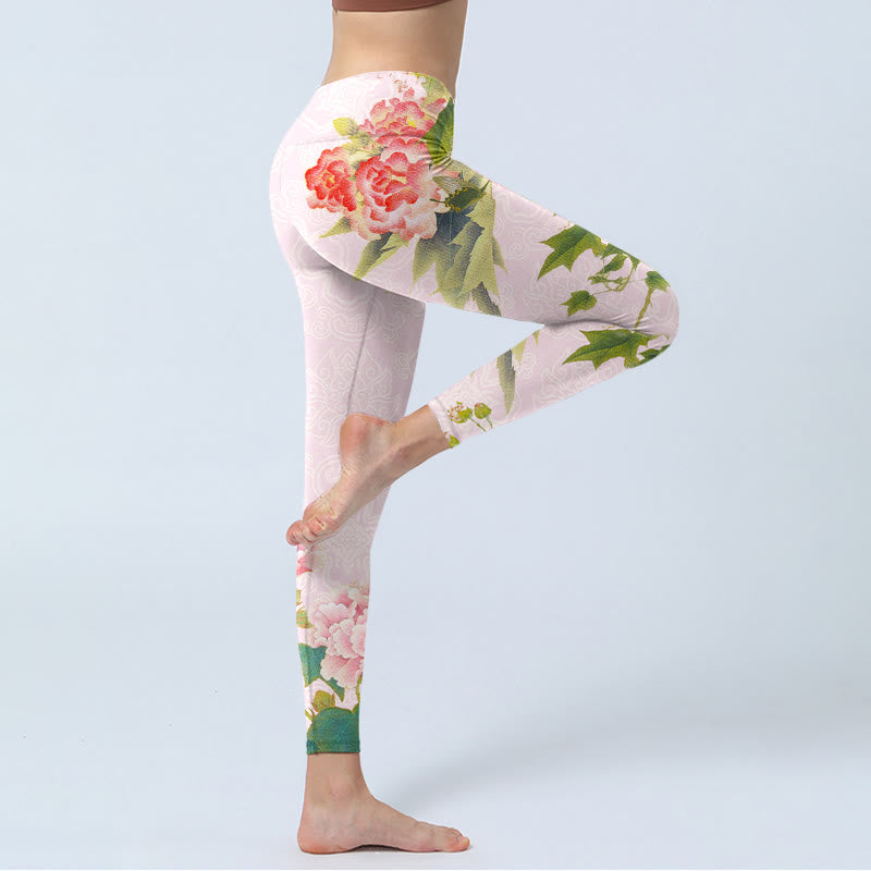 Buddha Stones、ハイビスカスの花と葉のプリントジムレギンス、レディースヨガパンツ - image 4