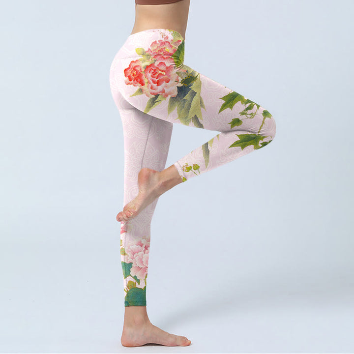 Buddha Stones、ハイビスカスの花と葉のプリントジムレギンス、レディースヨガパンツ - image 4