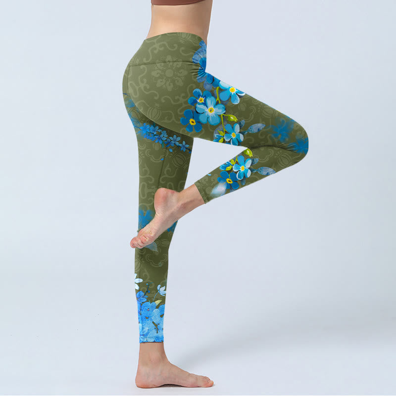 Buddha Stones、青い花、蝶のプリント、ジムレギンス、レディースヨガパンツ - image 4