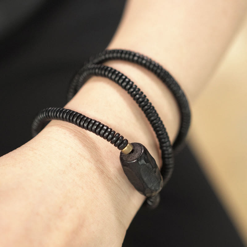 Buddha Stones黒檀 木 銅 真鍮 バランス トリプルラップブレスレット
