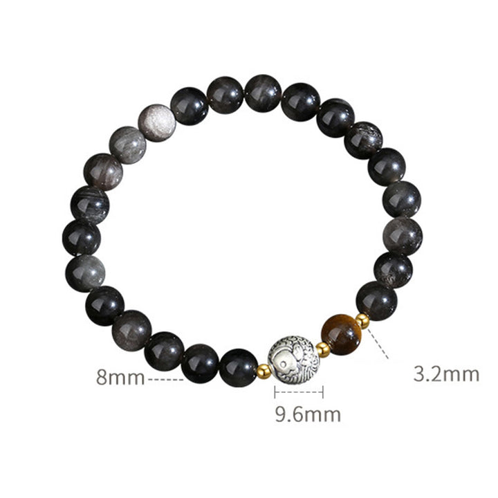 Buddha Stonesブラックオブシディアン 999スターリングシルバー タイガーアイ 925スターリングシルバー 鯉の浄化ブレスレット