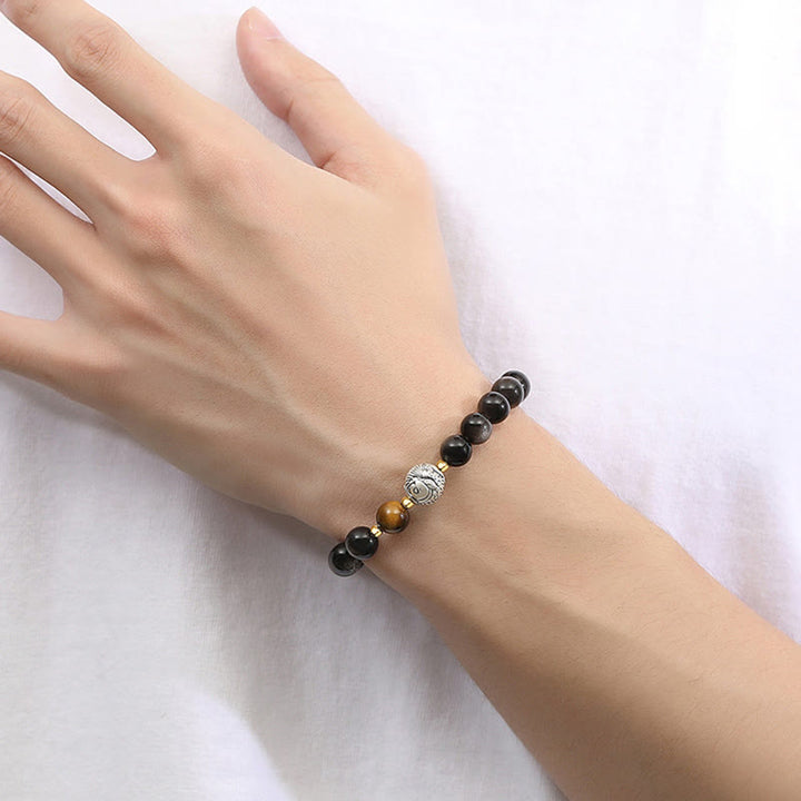 Buddha Stonesブラックオブシディアン 999スターリングシルバー タイガーアイ 925スターリングシルバー 鯉の浄化ブレスレット